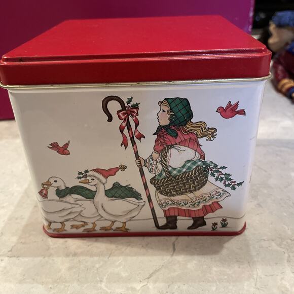 Peggy Jo Ackley Tin Christmas Geese Keller Charles Chocolate Square 4" Girl - Picture 1 of 7